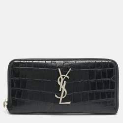 Pre Owned Saint Laurent Cassandre Black Croc Embossed Leather Zip Around Wallet