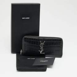 Pre Owned Saint Laurent Cassandre Black Croc Embossed Leather Zip Around Wallet
