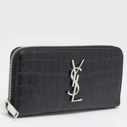 Pre Owned Saint Laurent Cassandre Black Croc Embossed Leather Zip Around Wallet