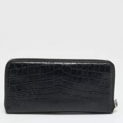 Pre Owned Saint Laurent Cassandre Black Croc Embossed Leather Zip Around Wallet