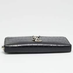 Pre Owned Saint Laurent Cassandre Black Croc Embossed Leather Zip Around Wallet