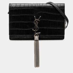 Pre Owned Saint Laurent Paris Black Croc Embossed Leather Monogram Kate Tassel Wallet on Chain