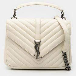 Pre Owned Saint Laurent Paris White Medium Chevron Sheepskin Monogram College Satchel