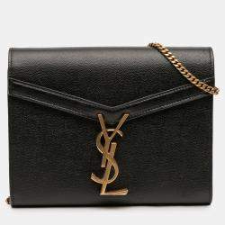 Pre Owned Saint Laurent Paris Black Grain De Poudre Monogram Cassandra Chain Wallet