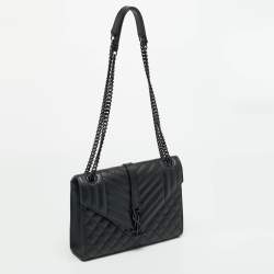 Pre Owned Saint Laurent Envelope Medium Black Mix Matelassé Leather Chain Bag