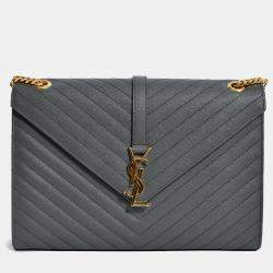 Pre Owned Saint Laurent Grey Chevron Leather Envelope Large Chain Shoulder Bag
