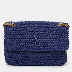 Pre Owned Saint Laurent Blue Raffia Niki Medium Shoulder Bag