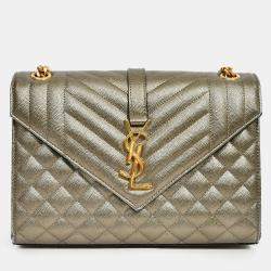 Pre Owned Saint Laurent Gunmetal Tri-Quilted Leather Envelope Chain Shoulder Bag
