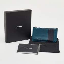 Pre Owned Saint Laurent Fragments Zip Dark Teal Blue/Navy Leather Card Case