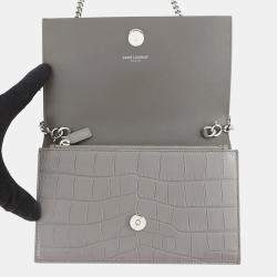 مملوكة مسبقًا Saint Laurent Paris Kate Chain Wallet Gray Croco Embossed Leather