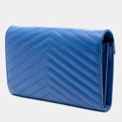 Pre Owned Saint Laurent Paris Blue Grain De Poudre Chevron Monogram Envelope Chain Wallet