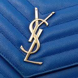 Pre Owned Saint Laurent Paris Blue Grain De Poudre Chevron Monogram Envelope Chain Wallet
