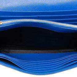 Pre Owned Saint Laurent Paris Blue Grain De Poudre Chevron Monogram Envelope Chain Wallet