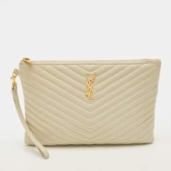 Pre Owned Saint Laurent Cassandre Beige Matelassé Leather Tablet Pouch