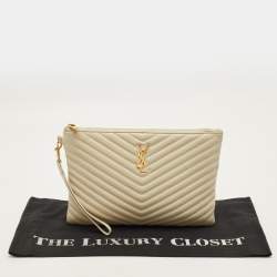 Pre Owned Saint Laurent Cassandre Beige Matelassé Leather Tablet Pouch