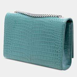 Pre Owned Saint Laurent Paris Blue Small Croc Embossed Leather Monogram Kate Tassel Crossbody