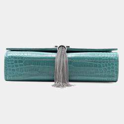 Pre Owned Saint Laurent Paris Blue Small Croc Embossed Leather Monogram Kate Tassel Crossbody