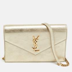 Pre Owned Saint Laurent Envelope Gold Leather Wallet on Chain
