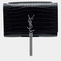 Pre Owned Saint Laurent Paris Black Medium Croc Embossed Leather Kate Tassel Crossbody