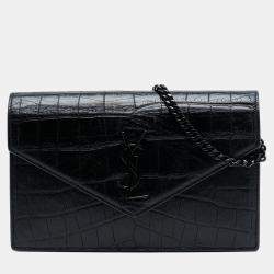 Pre Owned Saint Laurent Paris Black Croc Embossed Leather Monogram Monochrome Envelope Chain Wallet