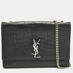 Pre Owned Saint Laurent Kate Large Black Croc Embossed Leather Flap Shoulder Bag