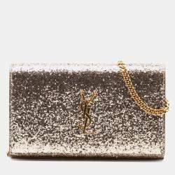 Pre Owned Saint Laurent Paris Gold Glitter Monogram Kate Wallet on Chain