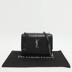 Pre Owned Saint Laurent Paris Sunset Medium Black Croc Embossed Leather Shoulder Bags