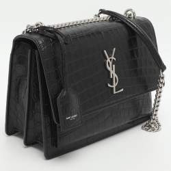 Pre Owned Saint Laurent Paris Sunset Medium Black Croc Embossed Leather Shoulder Bags