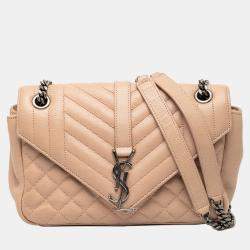 Pre Owned Saint Laurent Paris Brown Medium Sheepskin Triquilt Monogram College Bag