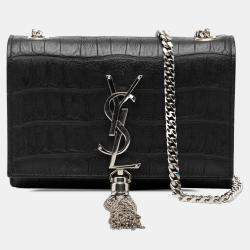 Pre Owned Saint Laurent Paris Black Small Croc Embossed Leather Monogram Kate Tassel Crossbody