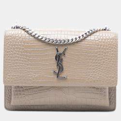 مملوكة مسبقًا Saint Laurent Paris Brown Medium Croc Embossed Leather Monogram Sunset Crossbody