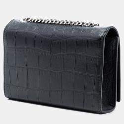 Pre Owned حقيبة كروس بودي سان لوران باريس كيت بشعار مطرز جلد منقوش تمساح صغيرة سوداء بفيونكة