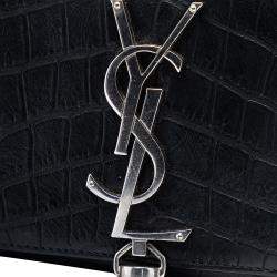 Pre Owned حقيبة كروس بودي سان لوران باريس كيت بشعار مطرز جلد منقوش تمساح صغيرة سوداء بفيونكة