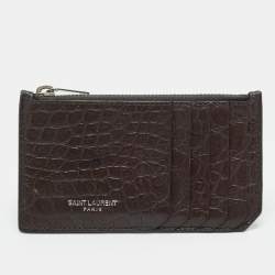 Pre Owned حافظة بطاقات سان لوران جلد نقشة التمساح أسود بسحاب 