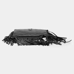 Pre Owned Saint Laurent Paris Black Chevron Sheepskin Monogram Fringe Crossbody