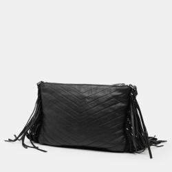 Pre Owned Saint Laurent Paris Black Chevron Sheepskin Monogram Fringe Crossbody