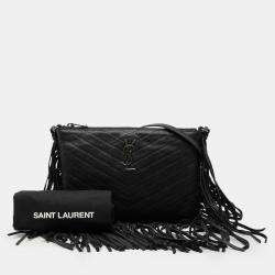 Pre Owned Saint Laurent Paris Black Chevron Sheepskin Monogram Fringe Crossbody
