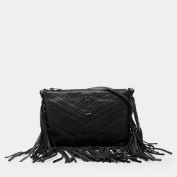 Pre Owned Saint Laurent Paris Black Chevron Sheepskin Monogram Fringe Crossbody