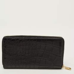 Pre Owned Saint Laurent Black Crocodile Zip Around Wallet