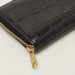 Pre Owned Saint Laurent Black Crocodile Zip Around Wallet