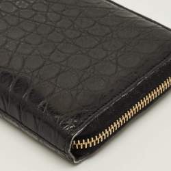 Pre Owned Saint Laurent Black Crocodile Zip Around Wallet
