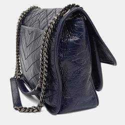 Pre Owned Saint Laurent Paris Navy Blue Leather Niki Monogram Shoulder Bag