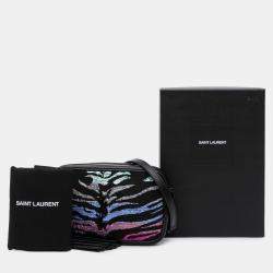 Pre Owned Saint Laurent Paris Black Canvas Metallic Tiger Print Monogram Lou Camera Bag