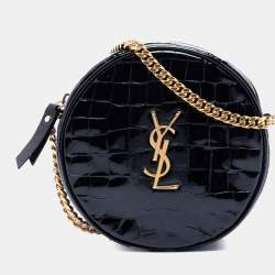 Pre Owned Saint Laurent Paris Black Croc Embossed Patent Round Vinyle Camera Bag