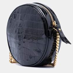Pre Owned Saint Laurent Paris Black Croc Embossed Patent Round Vinyle Camera Bag