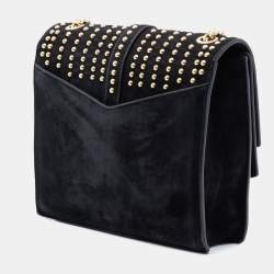 Pre Owned Saint Laurent Paris Black Medium Studded Suede Monogram Sulpice Crossbody