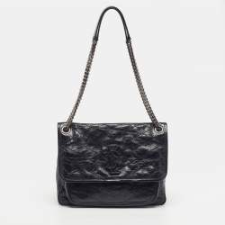 Pre Owned حقيبة كتف سان لوران نايكي وسط جلد ماتيلاليه مجعد أسود