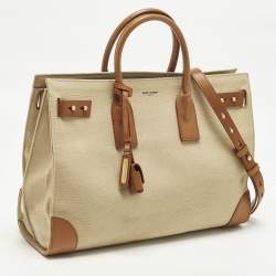 Pre Owned Saint Laurent Sac De Jour Thin Large Tan/Natural Canvas and Leather Tote