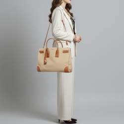 Pre Owned Saint Laurent Sac De Jour Thin Large Tan/Natural Canvas and Leather Tote