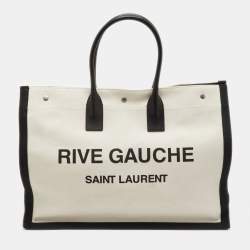 Pre Owned Saint Laurent Rive Gauche Large Beige Canvas Leather Tote